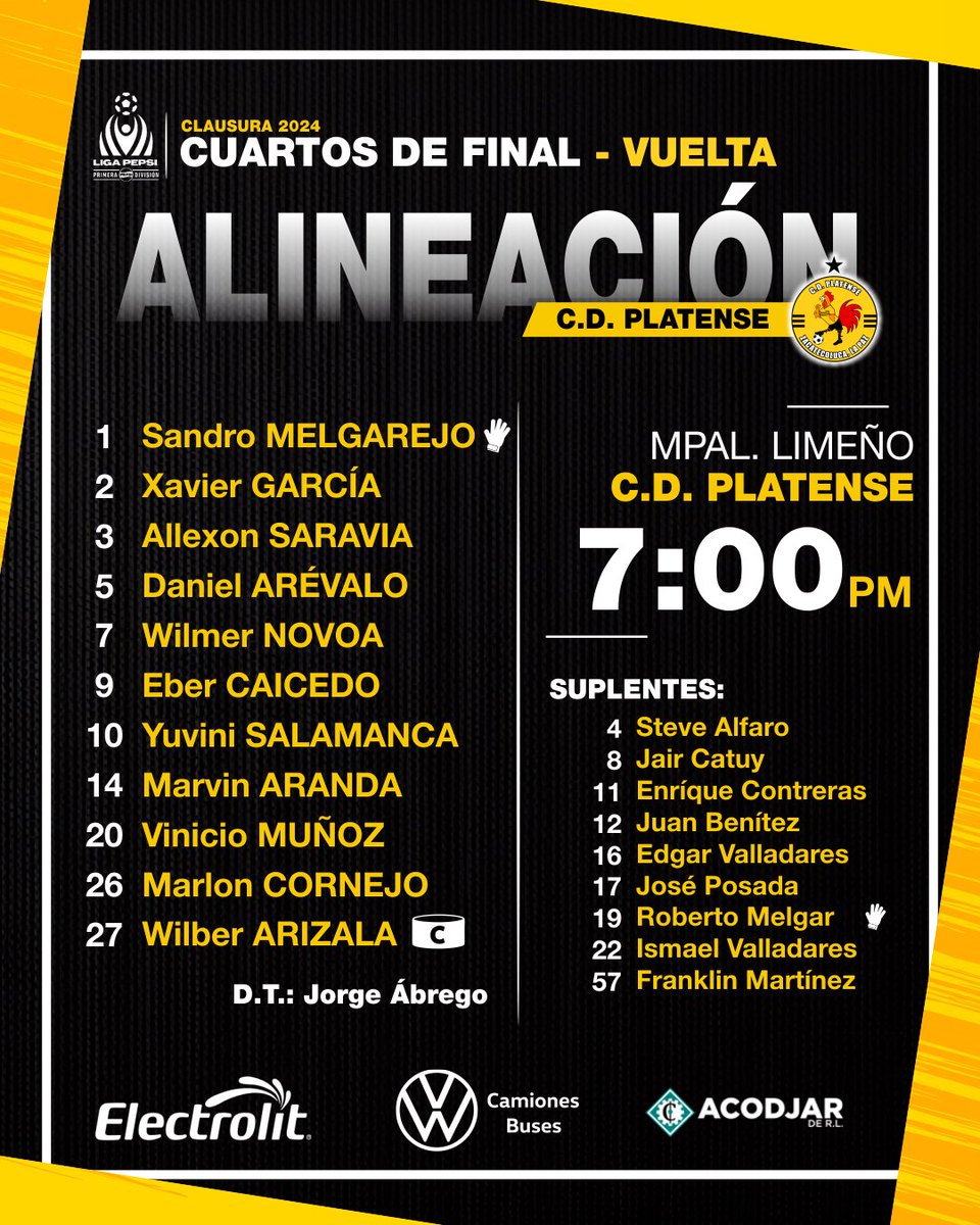 Alineaciones de #MLimeño y #Platense 

#CuartosdeFinal 

Señal #YSKL #1041FM