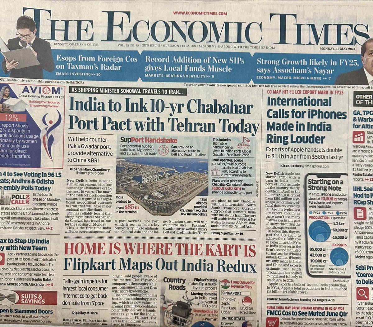 In a big outreach to Iran & Eurasia, India & Tehran is all set to sign a pact today for management of Chabahar Port for 10 years by Delhi. Timing is significant amid Lok Sabha polls as Shipping Minister flies to Iran — My report ⁦@ETPolitics⁩ ⁦@pranabsamanta⁩
