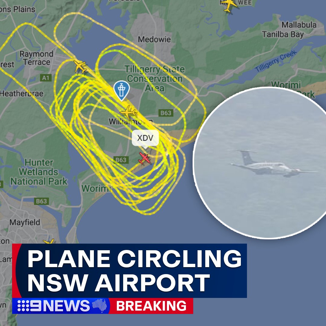 #BREAKING: Emergency crews have rushed to Newcastle Airport after a plane reported a landing gear issue, forcing the aircraft to continue to circle in an attempt to burn fuel. It's believed the plane could be carrying up to five people. #9News MORE: nine.social/HeF