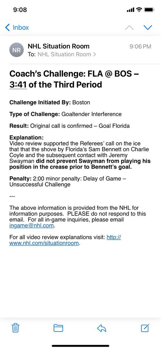 Savageboston's tweet photo. Officially NHL explanation on the Sam Bennett cross check.  

Truly unbelievable.  

Pathetic https://t.co/zac836zL6f