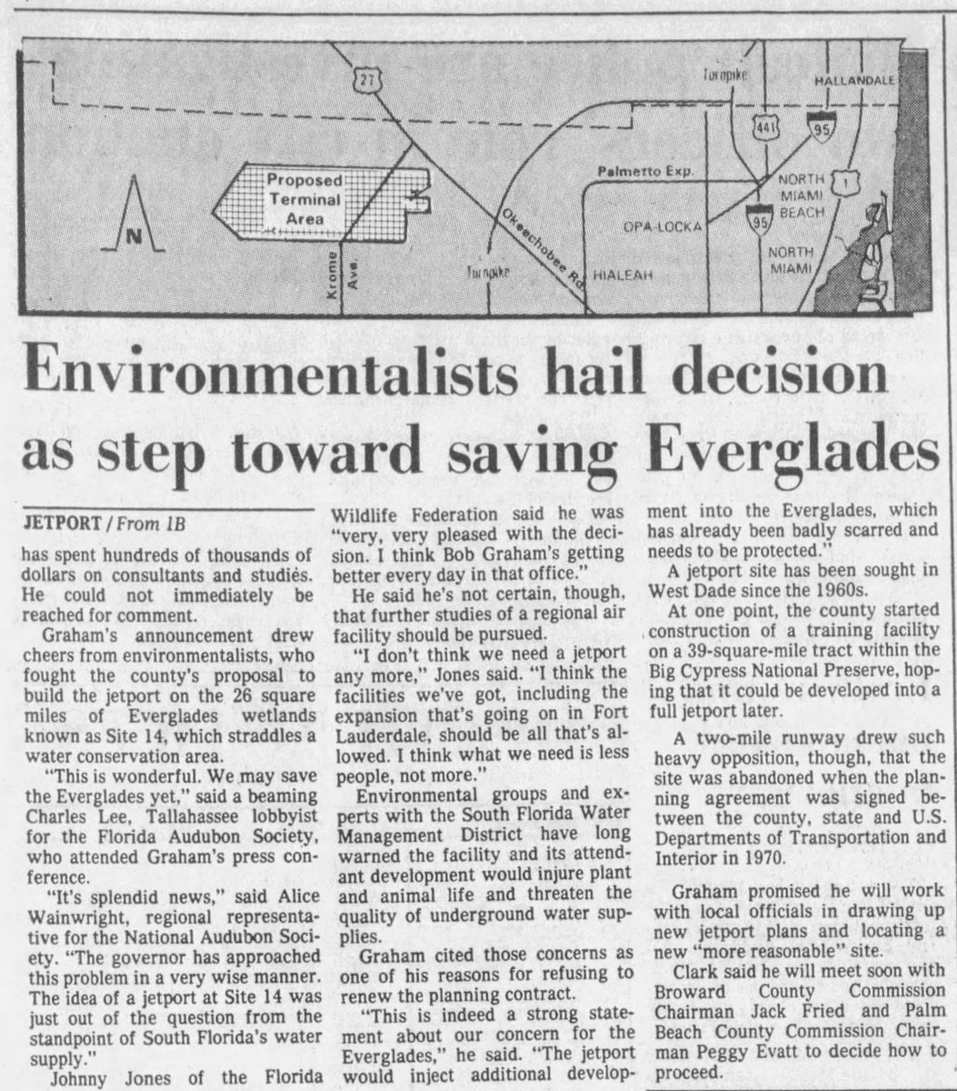 On May 12, 1983, the Miami Herald reported that Governor Bob Graham had rejected plans for an airport in the Everglades in NW Dade County near the intersection of Krome Avenue and US 27. The news was celebrated by environmentalists.