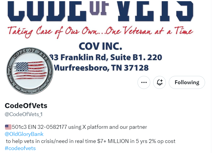 the account called @codeOfVets_1 is a scam account. Please report