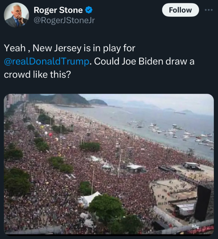 Idiot bad guy Roger Stone thinks Copacabana Beach is in New Jersey.