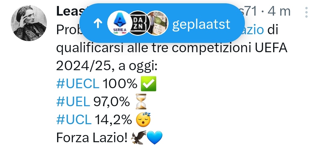 A short while back the season seemed over with the #UECL the highest possible to reach. Now the odds #Lazio still grabs a #UEL spot are at 97%! 👍 #Tudor #SerieA @LeastSquares71