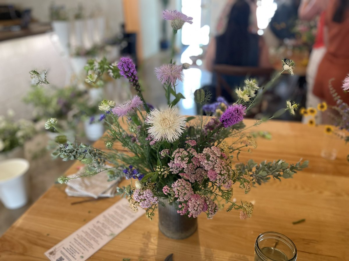 took my sister to a flower arranging class at a sotol distillery for Mother’s Day I’m drunk and making beautiful things