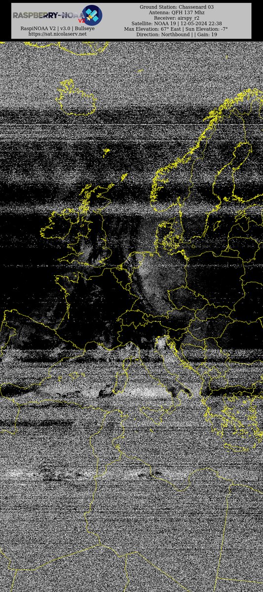 Ground Station: Chassenard 03 NOAA 19 12-05-2024 21:54 CEST  Max Elev: 67° E Sun Elevation: -7° Gain: 19 | Northbound

#NOAA #NOAA15 #NOAA18 #NOAA19 #MeteorM2_3 #MeteorM2_4 #weather #weathersats #APT #LRPT #wxtoimg #MeteorDemod #rtlsdr #gpredict #raspberrypi #RN2 #ISS
