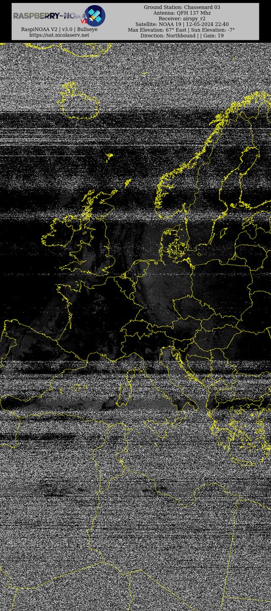 Ground Station: Chassenard 03 NOAA 19 12-05-2024 21:54 CEST  Max Elev: 67° E Sun Elevation: -7° Gain: 19 | Northbound

#NOAA #NOAA15 #NOAA18 #NOAA19 #MeteorM2_3 #MeteorM2_4 #weather #weathersats #APT #LRPT #wxtoimg #MeteorDemod #rtlsdr #gpredict #raspberrypi #RN2 #ISS