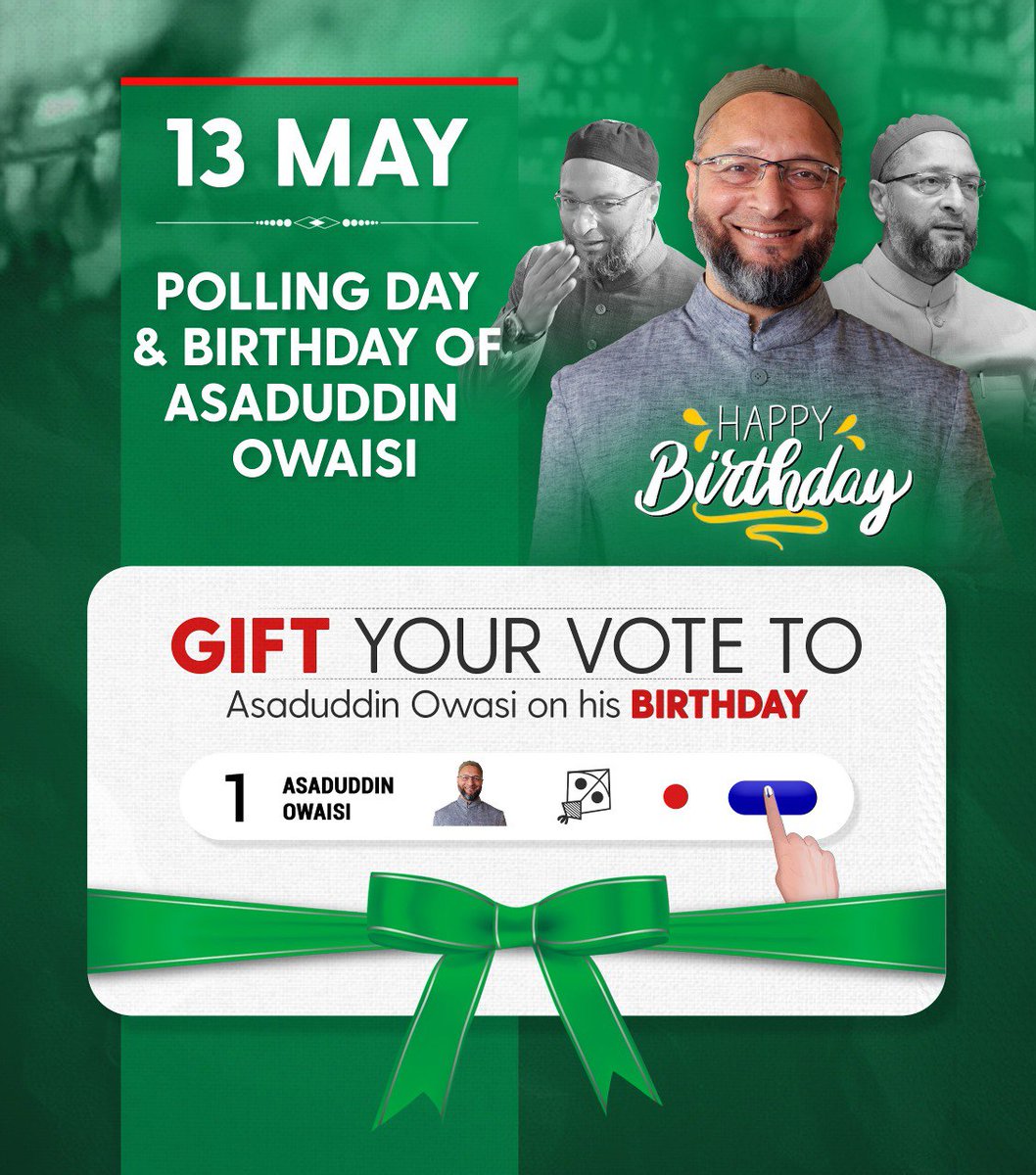 आज यानी 13 मई को जनाब बैरिस्टर @asadowaisi साहब का जन्म दिन है,
आज ही वोटिंग का दिन है, हैदराबाद के आवाम से गुजारिश है असद साहब के जन्म दिन के मौके पर अपना कीमती वोट तोहफे में देकर हमेशा की तरह कामयाब बनाए,
अल्लाह पाक असद साहब के उम्र में बरकत अता फरमाए, आमीन 🤲
#VoteForKite