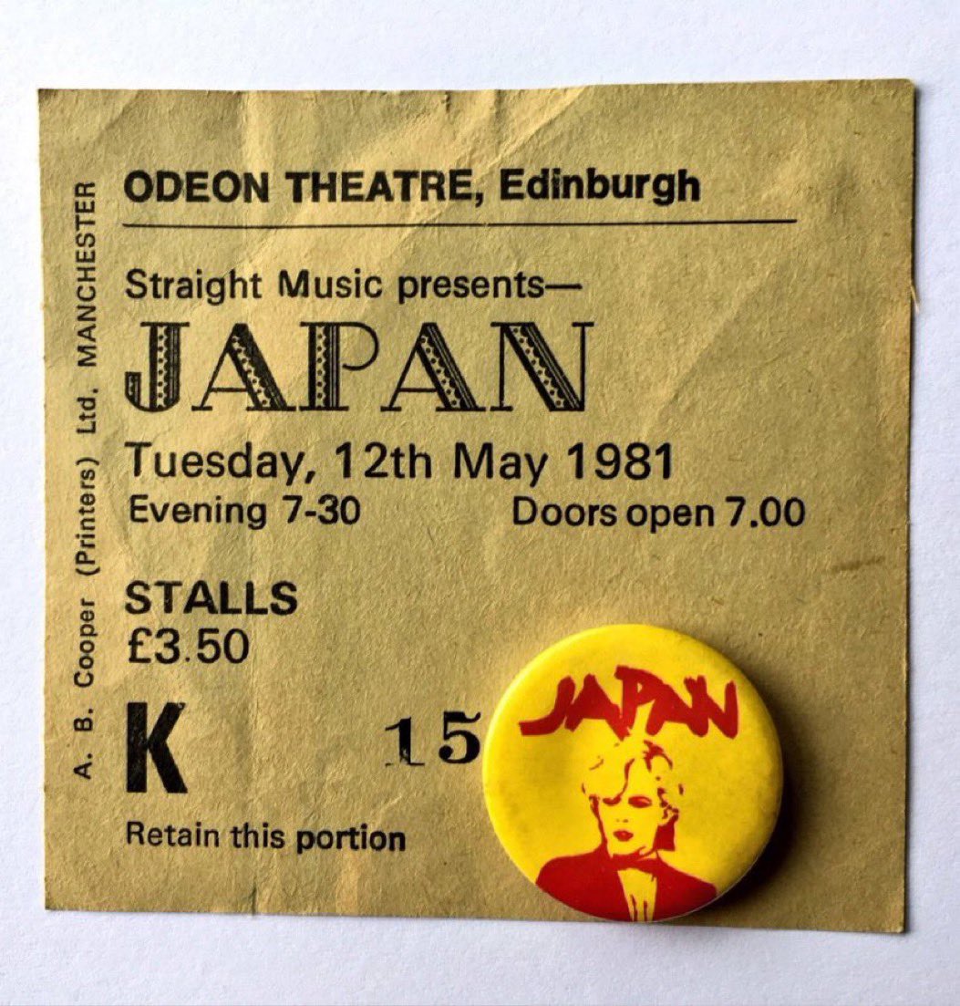 Once I was young, once I was smart… Japan played Edinburgh Odeon otd in 1981 on the Art of Parties tour, back when everyone was in love with David Sylvian. Here’s my ticket and badge. @ScotsPostPunk @Philak282 @NewWaveAndPunk #japan