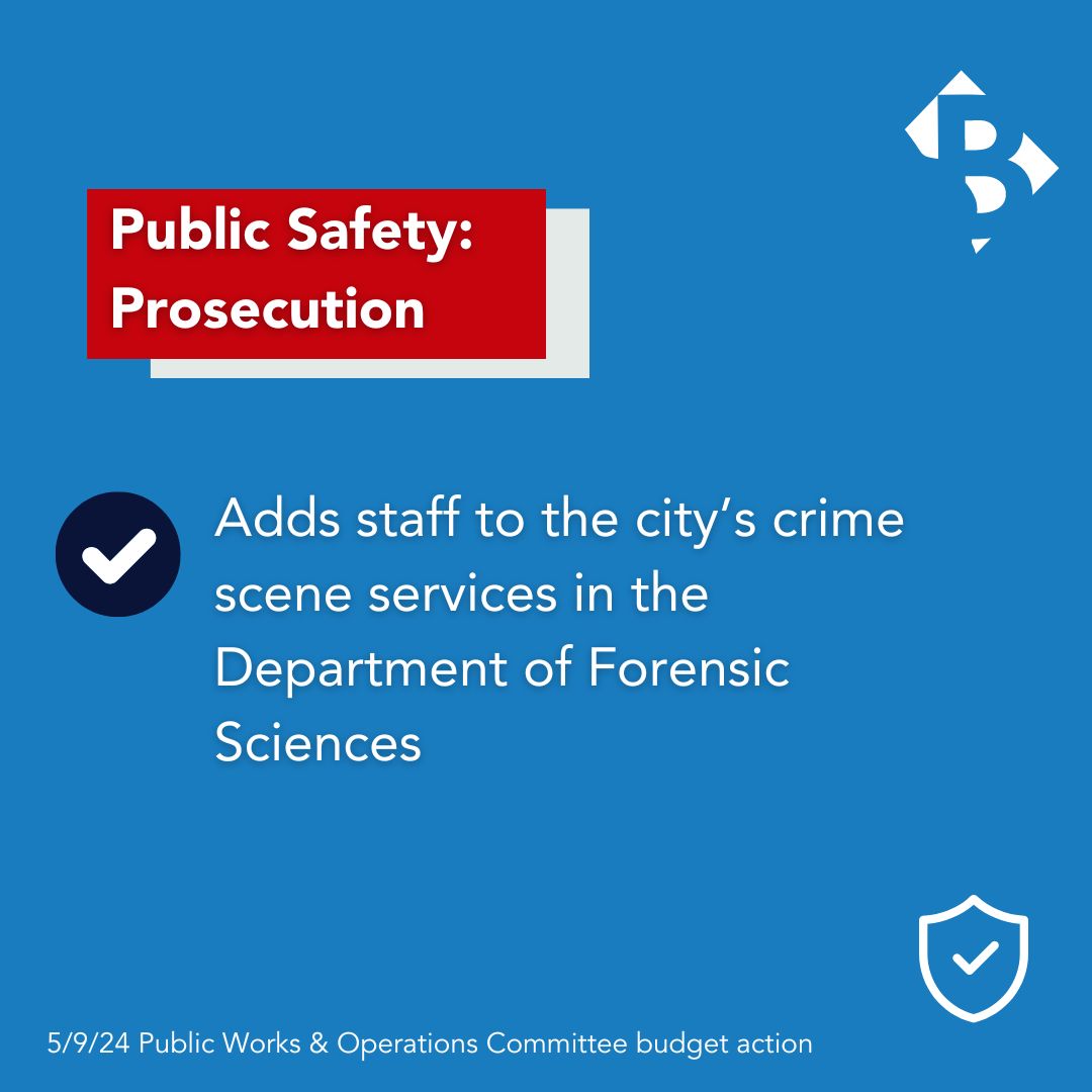 BUDGET UPDATE: We transferred money to add staff to the city's crime scene services division in the Department of Forensic Services - critical to making arrests and to successful prosecution.