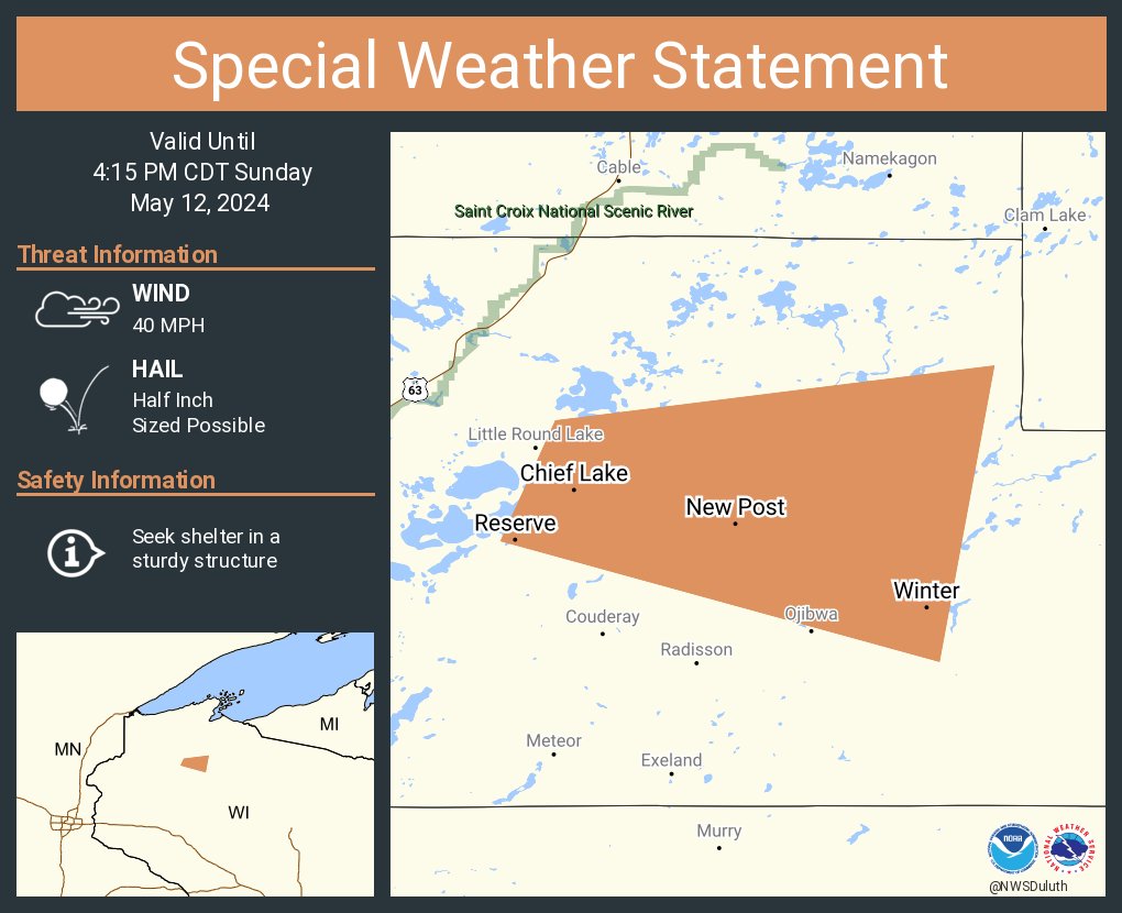 A special weather statement has been issued for Chief Lake WI, Reserve WI and Winter WI until 4:15 PM CDT