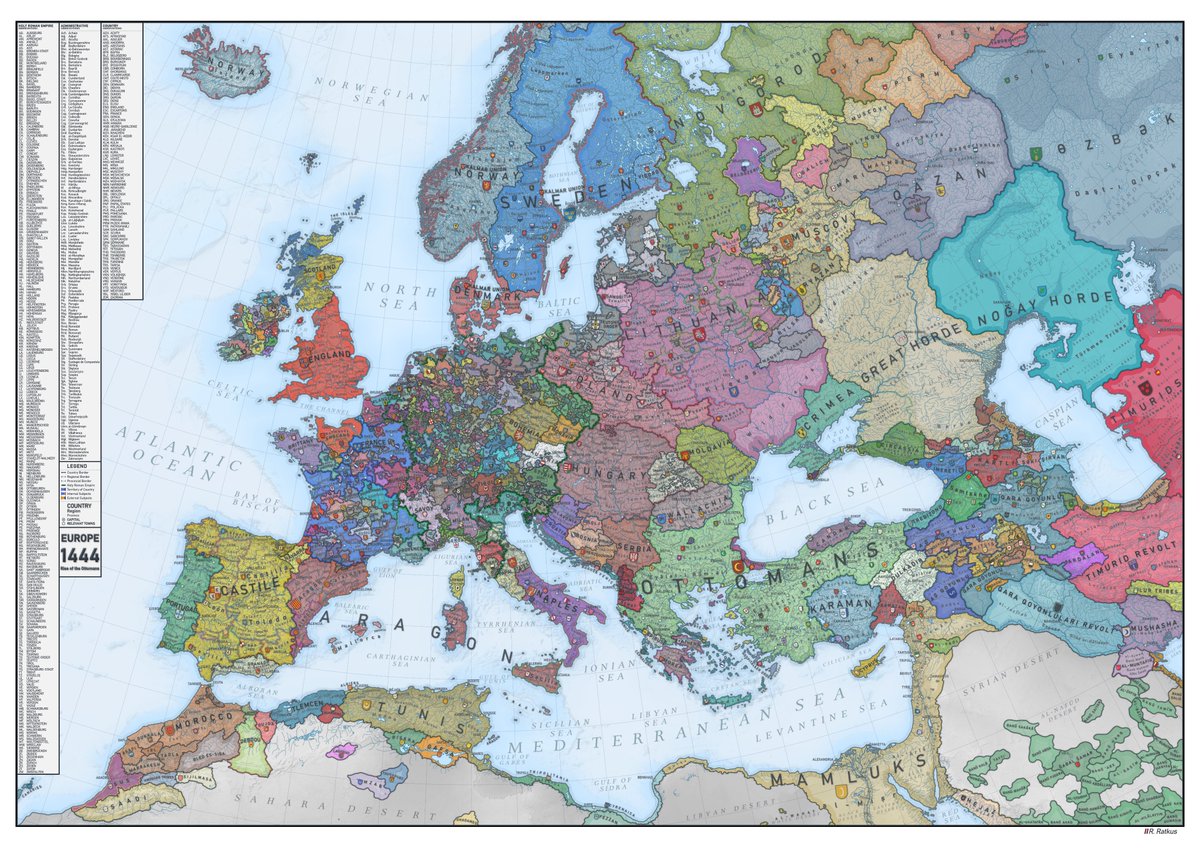 1444 yılına ait, 8K çözünürlüklü bir Avrupa haritası.