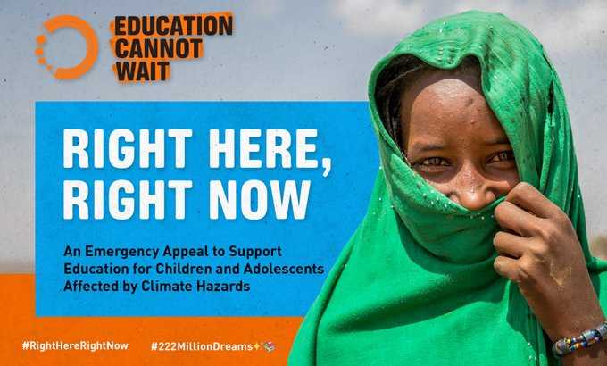 📣@EduCannotWait launches 🚨appeal to public/private donors to urgently mobilize $150M to scale up #ECW's response to #ClimateChange & reach 2M more children w/#QualityEducation!

Learn more: #RightHereRightNow
➡️bit.ly/ECWClimate

@un @usaid @afd_en #222MillionDreams✨📚
