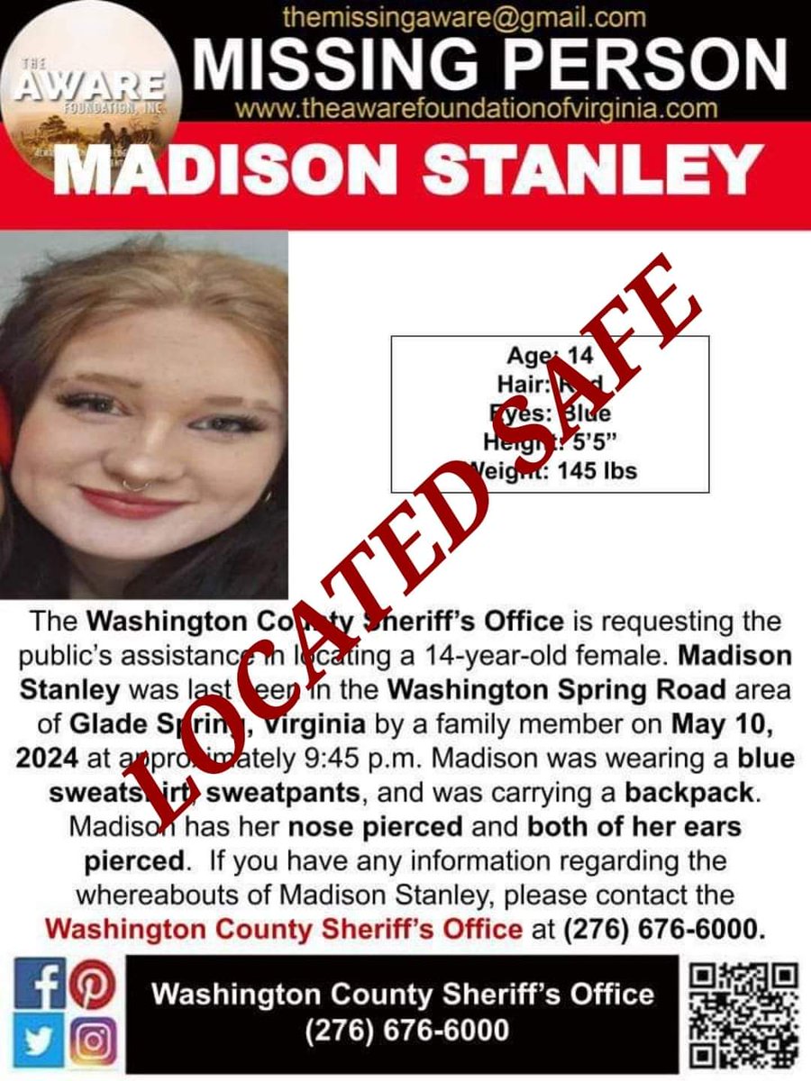 UPDATE: MADISON has been located and is SAFE. Thanks again for your help. #TheAWAREFoundation