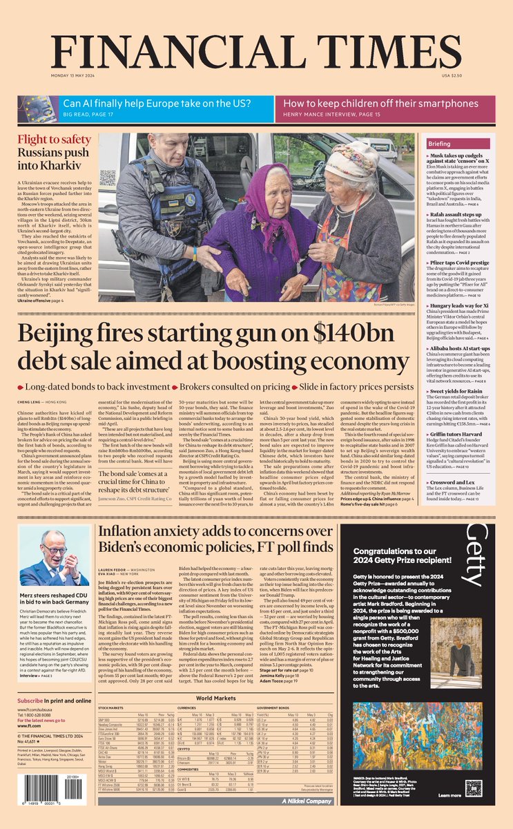 Just published: front page of the Financial Times, international edition, Monday 13 May on.ft.com/3UCvwp9