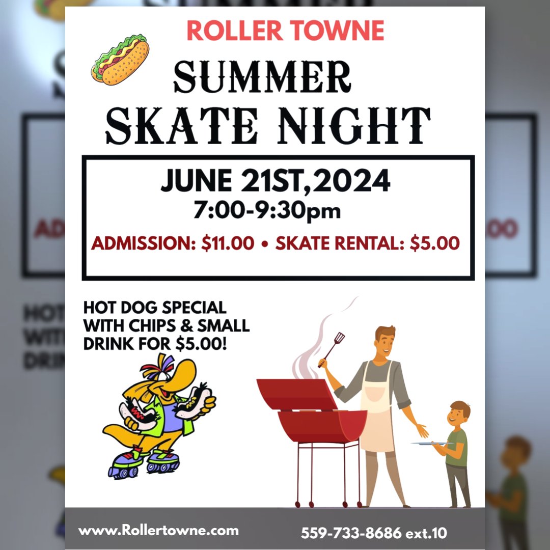 'Summer vibes are in full swing at Roller Towne 🌞 Grab your squad and hit the rink for some fun! Don't forget to fuel up with our hot dog combo special 🌭 #RollerTowneSummer #SkateAndSnack #SummerFun #RollerTowneSpecials'