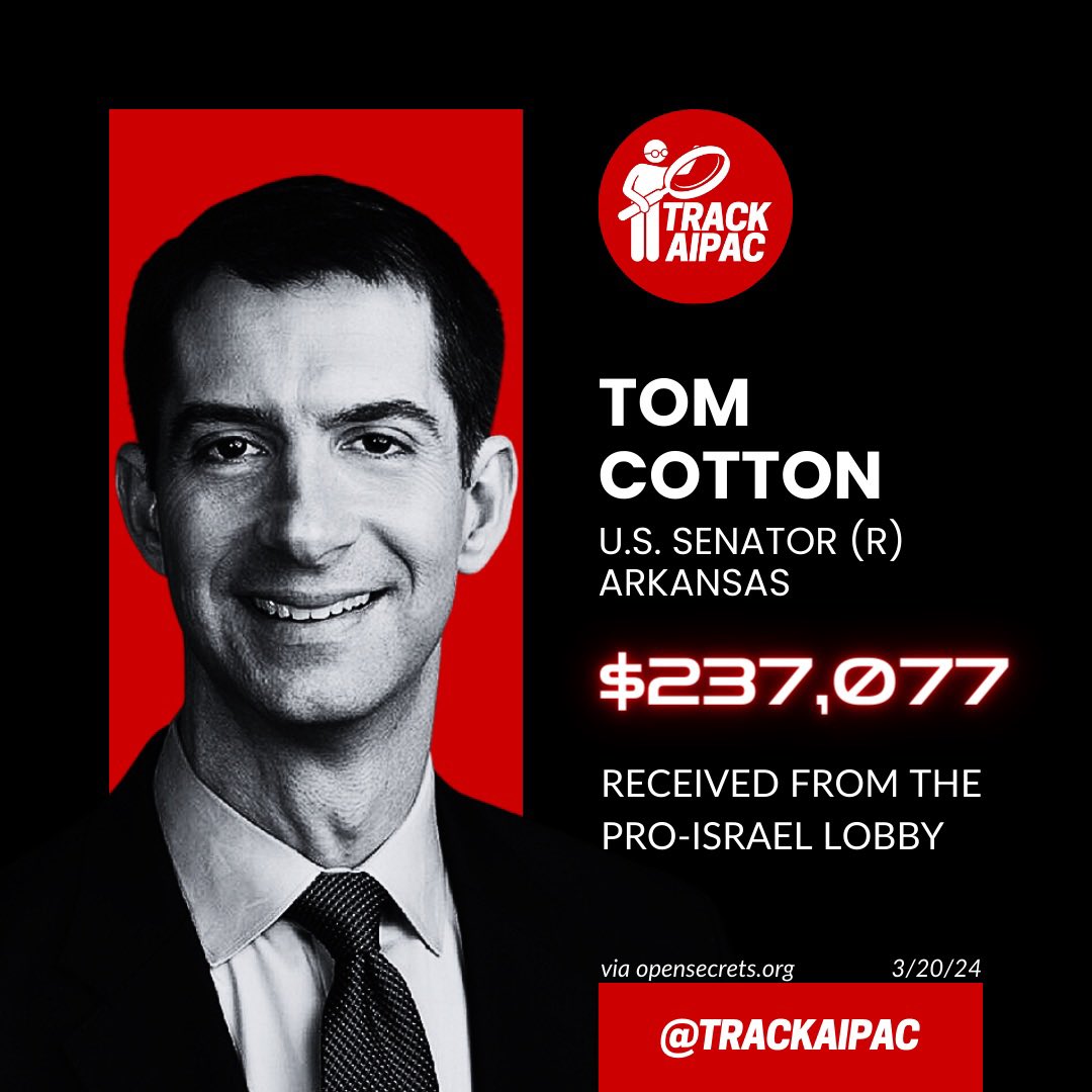 @SenTomCotton Tom Cotton is paid to deny the ongoing genocide. The senator is COMPROMISED. #RejectAIPAC