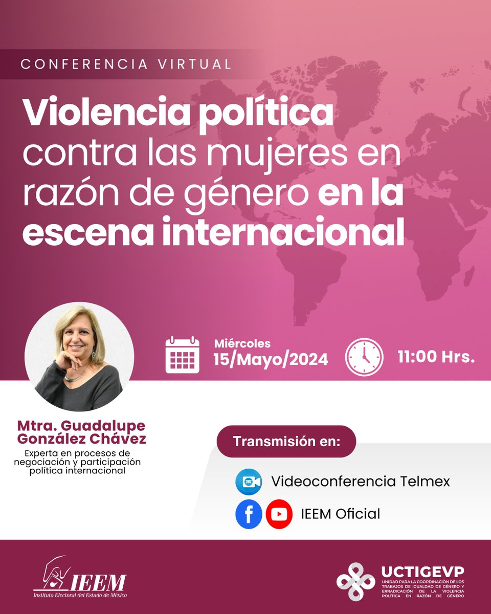 El IEEM te invita a seguir la conferencia virtual 'Violencia política contra las mujeres en razón de género en la escena internacional' impartida por la Mtra. Guadalupe González. 🗓 15 de mayo, 11:00 Sigue la transmisión ▶️ por: youtube.com/live/lq5A2Z10D…