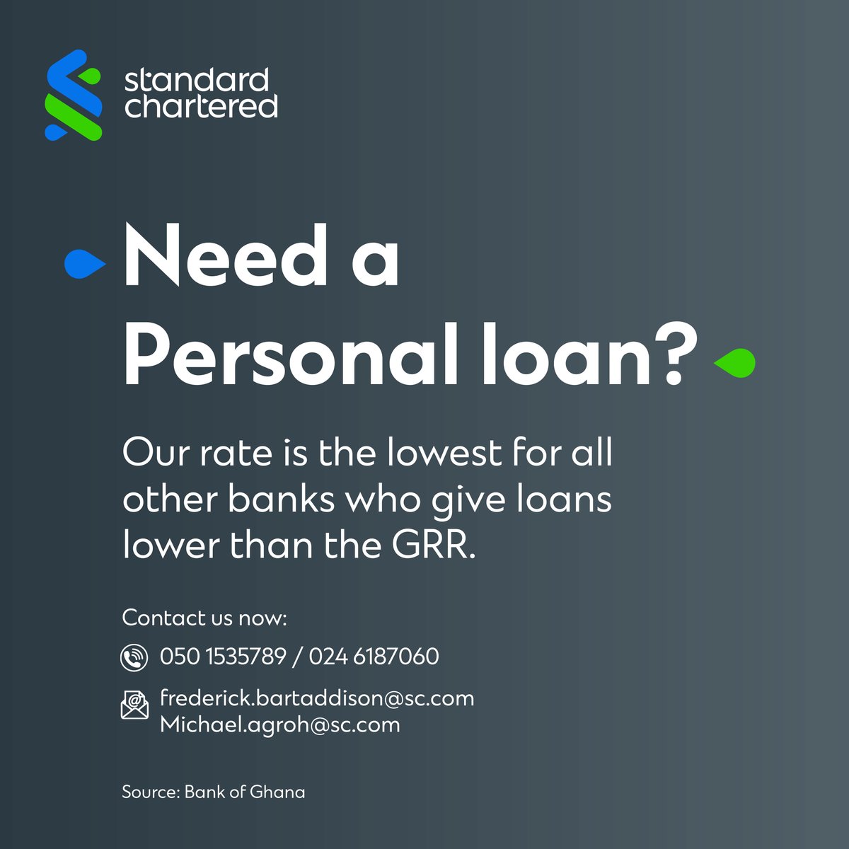 We remain your best option for personal loans. Reach out to us now. Simply call us at 050 1535789 or 024 6187060 or click on the link: bit.ly/4bbFq8i to get started. Email us - frederick.bartaddison@sc.com or Michael.agroh@sc.com #StanChartGhana