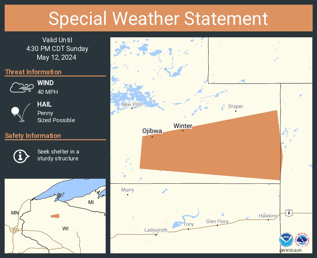 A special weather statement has been issued for Winter WI and Ojibwa WI until 4:30 PM CDT