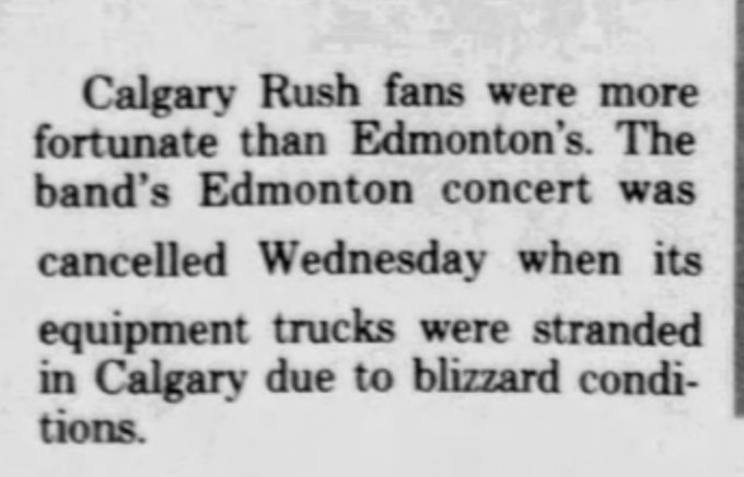 RushHistory2112's tweet image. May 14, 1986, Rush was scheduled to perform in Edmonton, Alberta, Canada 🇨🇦 for the Power Windows tour but sadly cancelled due to a blizzard❄️ #CanadianProblems (Edmonton Journal)