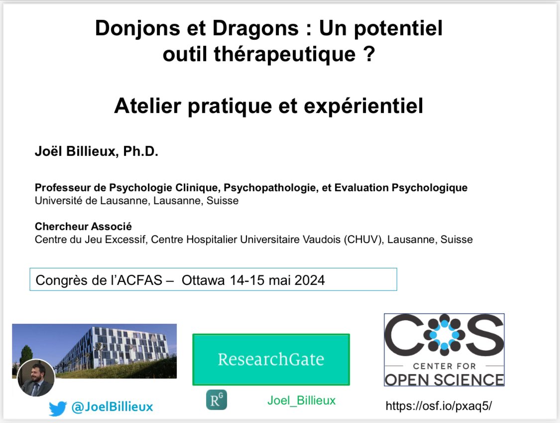 Pour la première fois de ma carrière, je vais proposer un atelier pratique et experientiel autour du jeu de rôles sur table #TTRPG (type donjons & dragons) dans le cadre du congrès de #ACFAS2024 ! @unil @Cje_CHUV @CHUVLausanne Lien du programme: acfas.ca/evenements/con…