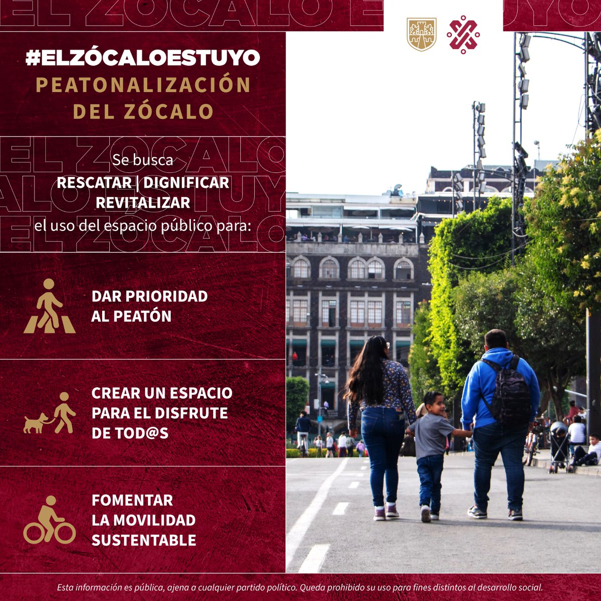 Con el arranque de la Primera Caminata #ElZócaloEsTuyo, la plaza más importante del país, da un paso más hacia la recuperación del espacio urbano, donde los visitantes gozarán de un lugar que prioriza a los peatones y promueve el uso de transporte sustentable no motorizado.