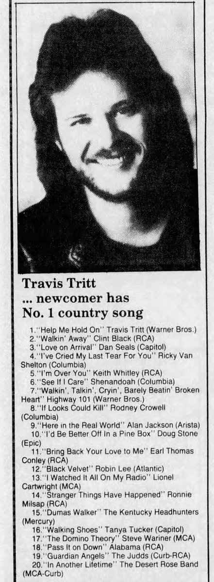 34 years ago today, @Travistritt's song, 'Help Me Hold On' went to #1 on US Billboard 'Hot Country Songs' Charts. Here's an ad from 'Abilene Reporter-News' May 5, 1990 newspaper.
@CrRedneck123 @sheri_lynn95252 @1klmeeks @Middlekens @rhonda_kinnaird @VirginiaAWhite3