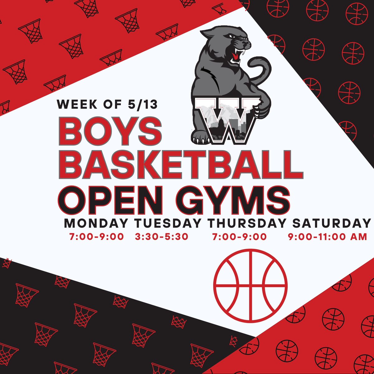 Open Gym this week! 
Monday 7-9 pm 
Tuesday 3:30-5:30 pm 
Thursday 7-9 pm 
Saturday 9-11 am 
Panthers on the rise 📈