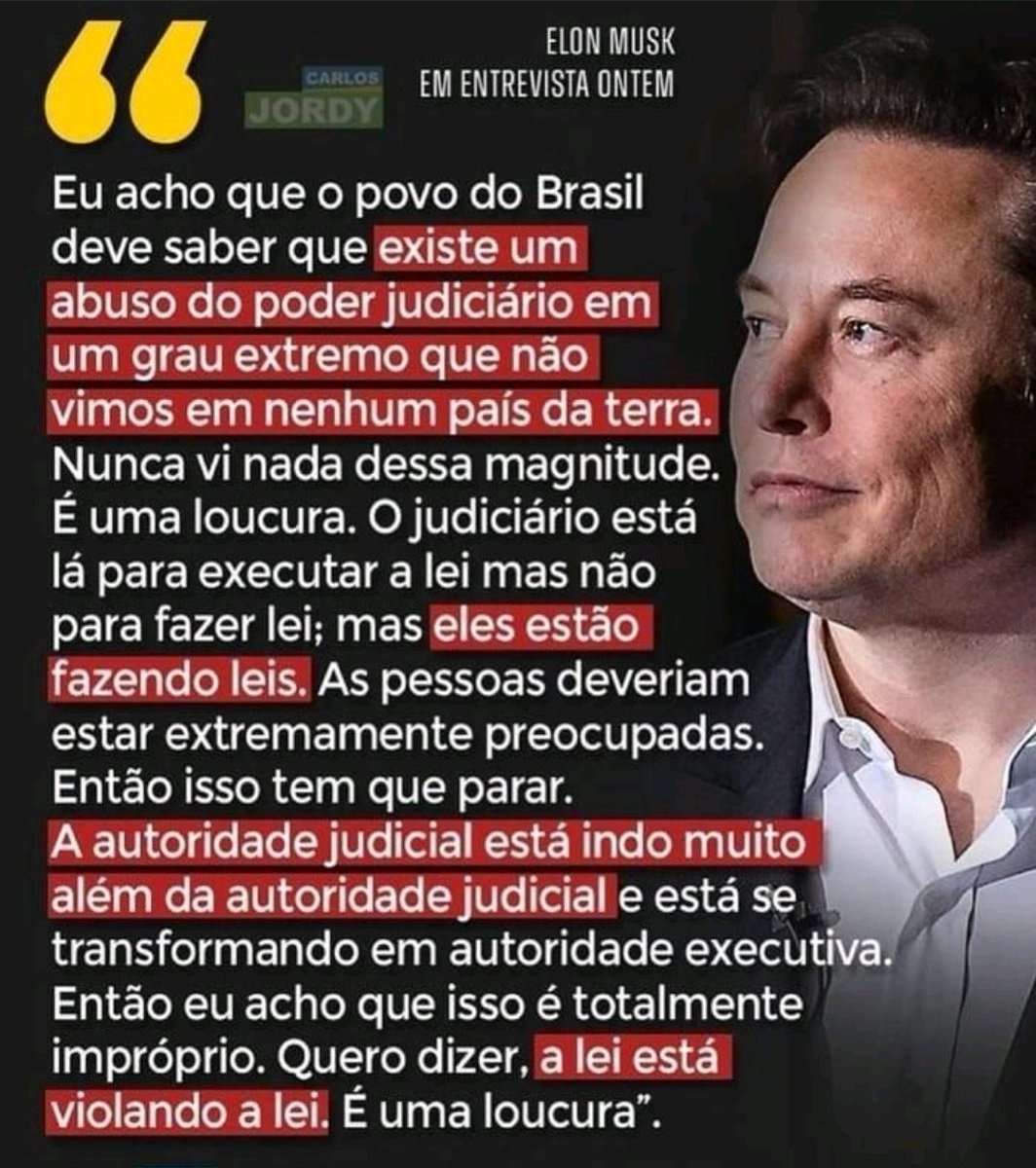 É preciso o homem mais rico do mundo declarar em entrevista no exterior, o que está se passando no Brasil, para que a informação chegue AO BRASIL.
Onde chegou nosso judiciário ??
A conclusão é sua.
O comentário é do Elon Musk