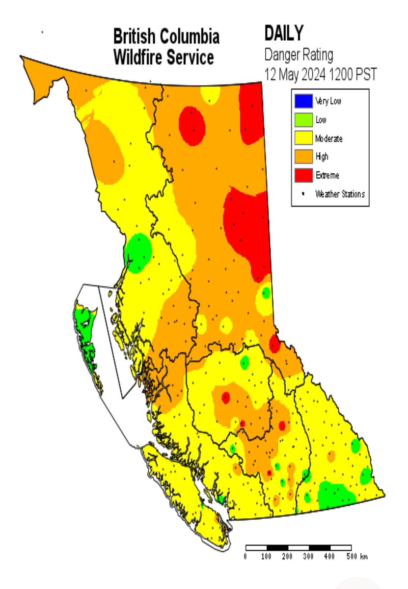 🔥 BC FIRE DANGER RATING 🔥
Close to half the province is now high or extreme and it’s not even the middle of May! #VancouverIsland is moderate w/ a pocket that’s high but with more dry weather this week, that unfortunately will soon change. Pls be careful! More @CHEK_News #BCwx