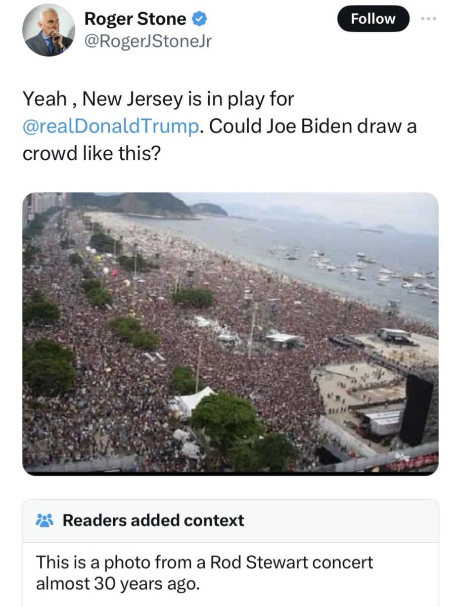 🚨 #BreakingNews Roger Stone post what he believed to be Trump's New Jersey rally. A Community note hit him with the 30 years ago Rod Stewart concert. Every MAGA that believes this is that much dumber. 🚨