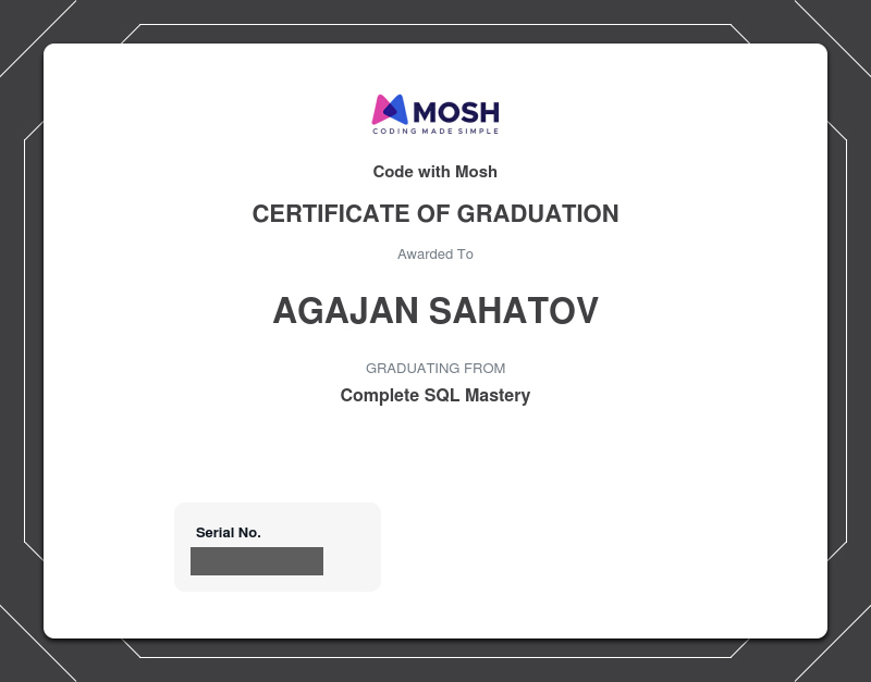 🌟 Just finished @moshhamedani's 'Complete SQL Mastery' course. Mind blown! From basics to advanced topics like concurrency, Mosh's teaching is unmatched. Clear, concise, and comprehensive. A must for anyone serious about mastering SQL. 
🚀💻📊

#SQL #MySQL #TechEd #MoshHamedani