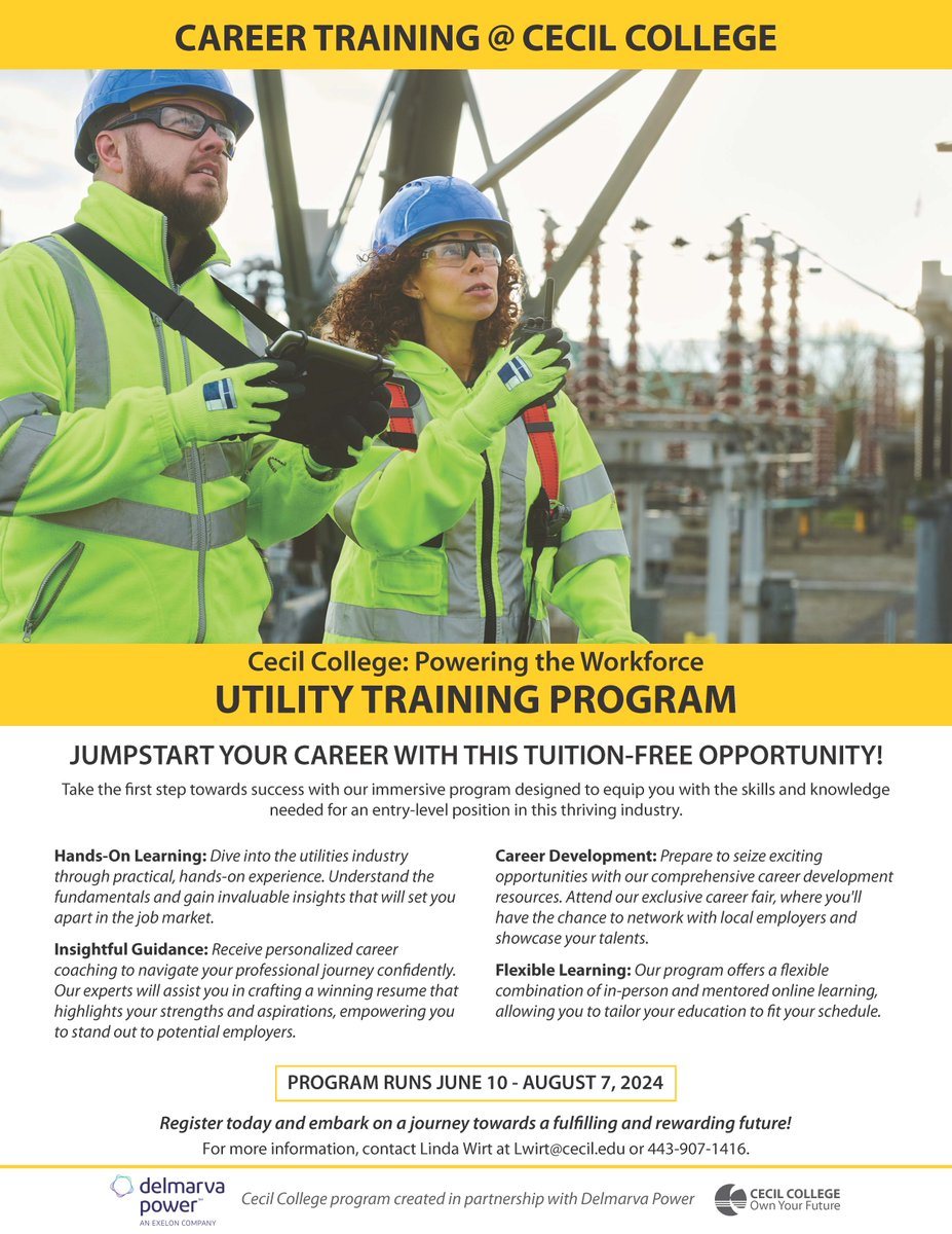 Take the first step towards success with Cecil College's TUITION-FREE Utility Training Program designed to equip you with the skills and knowledge needed for an entry-level position in this thriving industry. More info: wirt@cecil.edu

#CecilCollege #UtilityTraining #DreamCareer