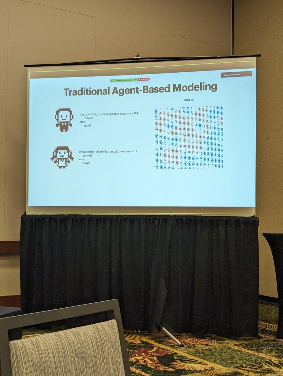 jacyanthis's tweet photo. @tareknaous @justaturbo @Google @amcrisan @Enamul_Hoque @tableau @YorkUniversity @OpenWebUI @timothyjbaek .@HelenasResearch @cqzou @msbernst et al. argue we can trust #GenerativeAgents LLM/etc.-based social simulations (like traditional agent-based modeling a la Schelling) w/ "local inspection": validate individual agent behavior so collective findings are more reliable. #CHI2024 https://t.co/7XCvPQoXtz
