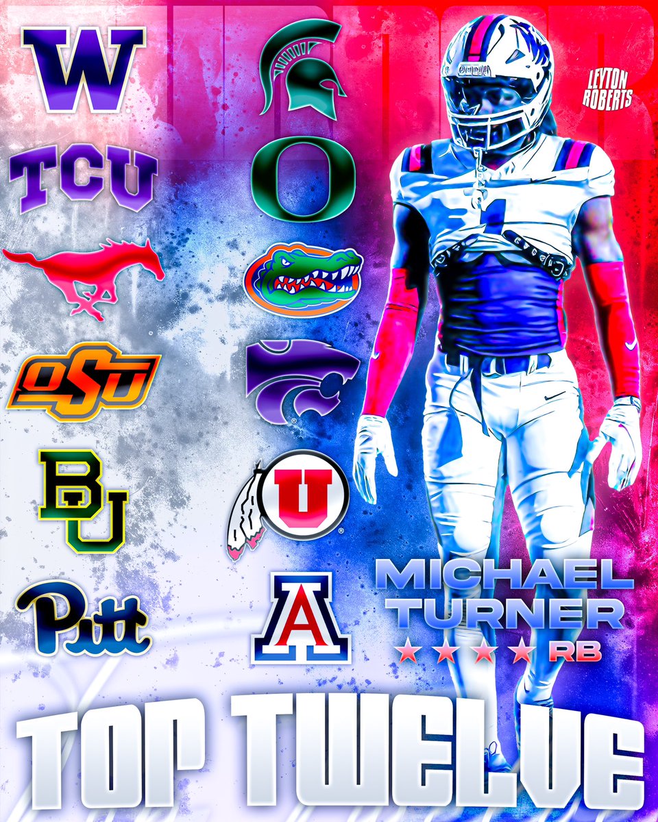 Top TWELVE schools for four star RB Michael Turner (‘25)! 👀

Michael is the 9th ranked RB in the class of 2025 and is 125 player in the nation.

He was named ESPN top 50 and recently won the MVP award for the @UANextFootball Dallas camp for RB’s.