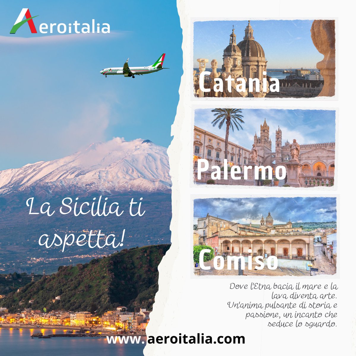 Aeroitalia ti porta in Sicilia con comodi collegamenti quotidiani su #catania, #palermo, #Comiso. 
Hai già pensato alle tue vacanze? 
👉 Prenota ora su: aeroitalia.com e App #Aeroitalia #vacanze2024 #vacanzeitaliane #Volaitaliano