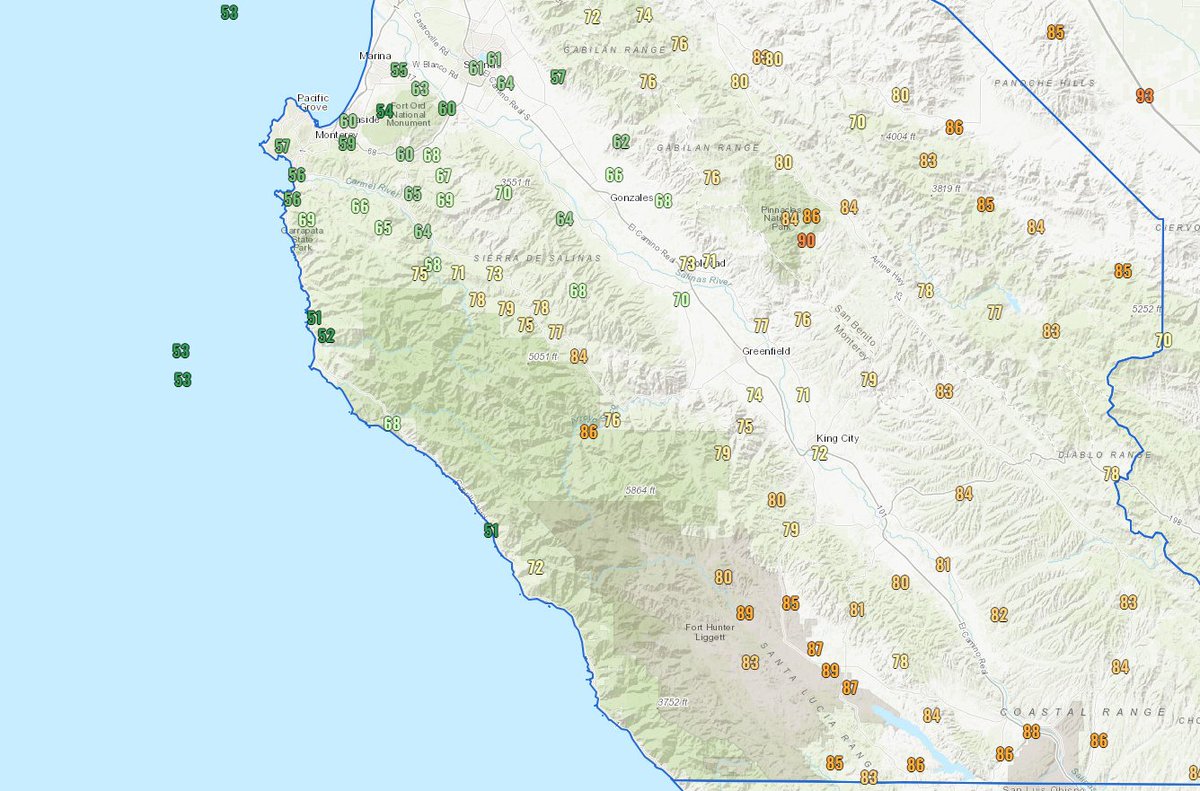 Good afternoon! Here's a glance at current temperatures around the region. Southern Monterey county is currently the warm spot with temperatures there reaching into the upper 80s. Elsewhere, temps are generally in the upper 70s to mid 80s inland, and 60s along the coast. #CAwx