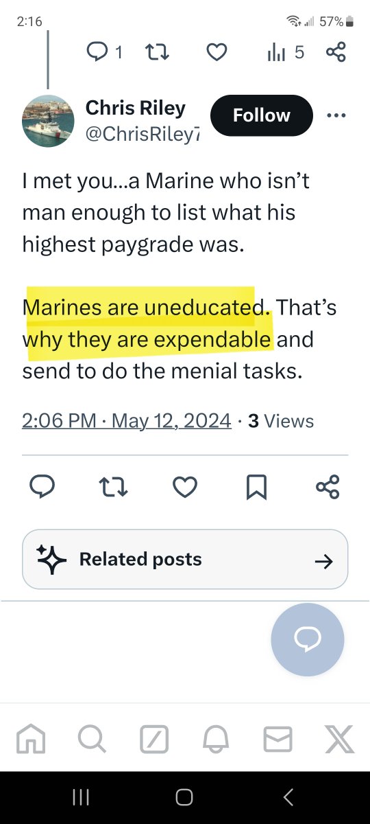 This guy claims to be a Coast Guard officer. Let's make him famous for his arrogance.

This is what he thinks of the Marines. 'They are uneducated . . . and expendable.' He disgusting. 

#semperfi

@ChrisRiley73800 
@scotcash