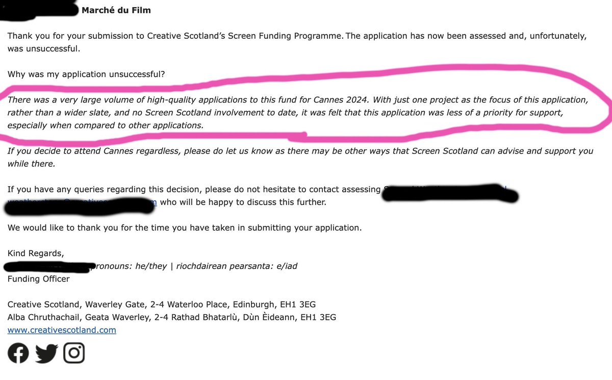 A fellow filmmaker sent me this. Straight from the horse’s mouth. If you haven’t had funding before, you’re application is not a priority.  Why do we still have such entrenched elitism within film &amp; TV in Scotland <a href="/AngusRobertson/">Angus Robertson</a> ?