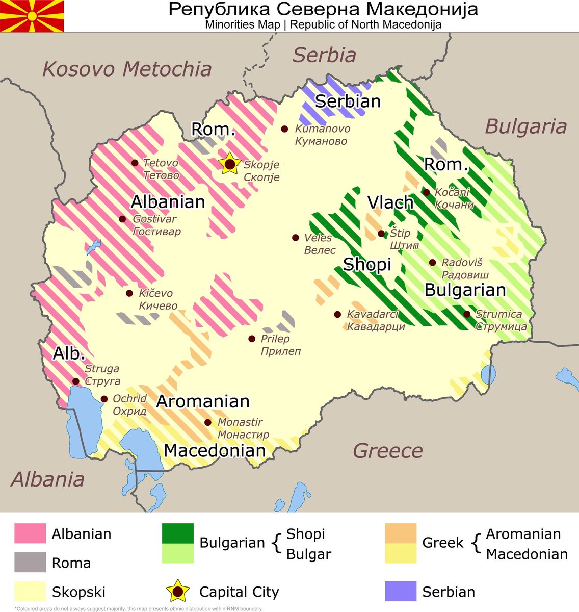 Σε 15 χρόνια η εθνική σύνθεση των Σκοπίων θα έχει ως:

Εθνικότητα:
42-48 % Σκοπιανή
34-36 % Αλβανική
16-24 % άλλο

Γλώσσα
48-53 % Σκοπιανά
34-36 % Αλβανικά
11-18 % άλλο

Θρησκεία:
55-57 % Χριστιανισμός
34-40 % Ισλαμισμός
3-11 % άλλο

#NorthMacedonia #Skopje 🇲🇰