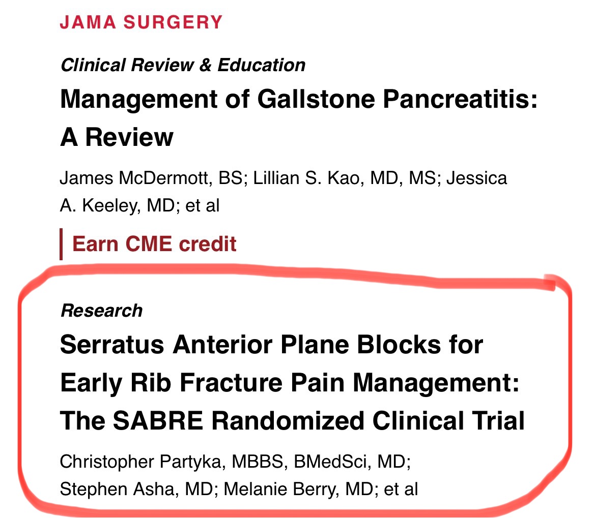 The SABRE trial - serratus anterior plane blocks for rib fractures in addition to standard care double the number of patients with adequate analgesic effect. One of JAMA Surgery’s Most Read papers this week!