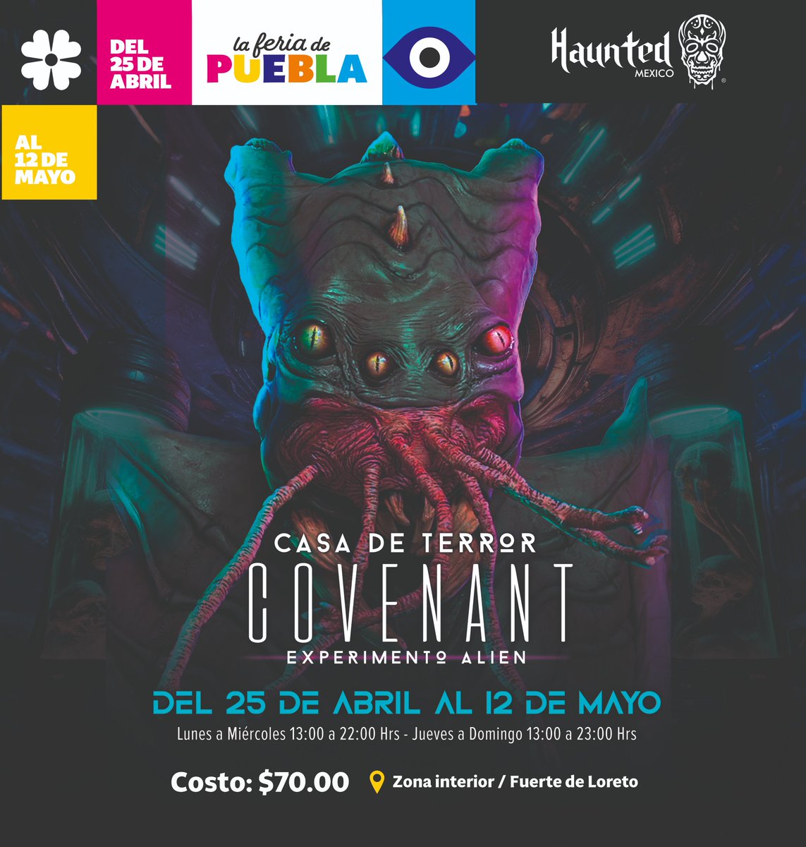 ¡Desafía tus miedos en la #FeriaDePuebla! 🚀 'Covenant, Experimento Alien' te llevará a un mundo de terror en 3D que pondrá a prueba tus nervios. ¡No te lo puedes perder!