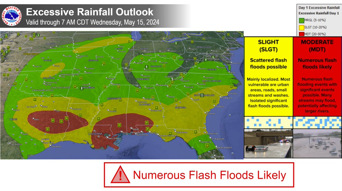 The Excessive Rainfall Outlook has Moderate Risk areas for southeast TX/west-central LA (Sunday P.M.-early Monday A.M.) & the central Gulf Coast (Monday-early Tuesday A.M.) Very heavy rains are expected to produce numerous flash floods in these areas. #TurnAroundDontDrown
