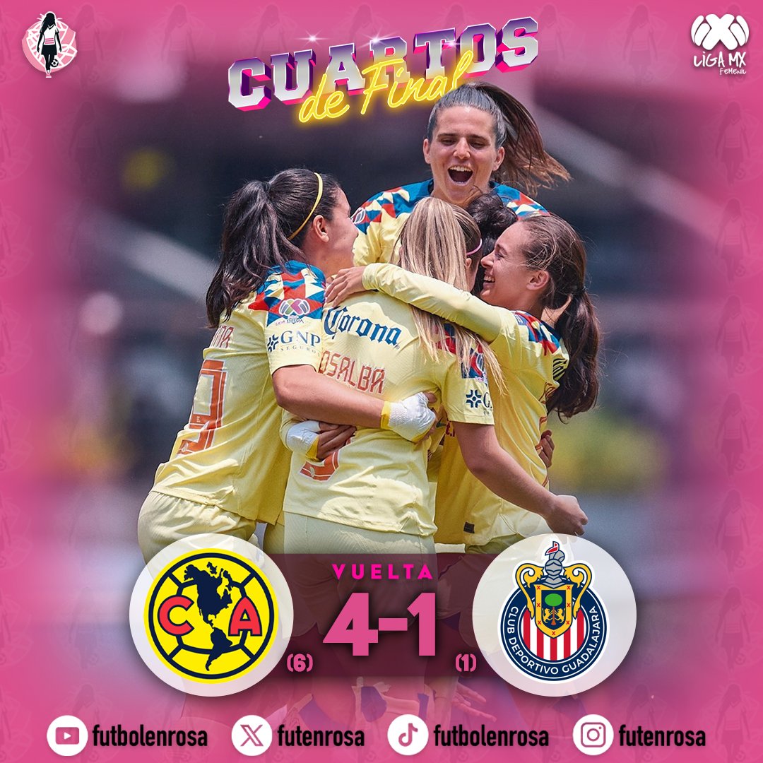 ¡El América Femenil arrasa en la Semifinal! 💥🌟
 Con un contundente 4-1 contra las Chivas y un global de 6-1, ¡pisan fuerte hacia la final! ⚽️🦅 #FútbolFemenino #AméricaVsChivas #Semifinal
@americafemenil @LigaBBVAFemenil