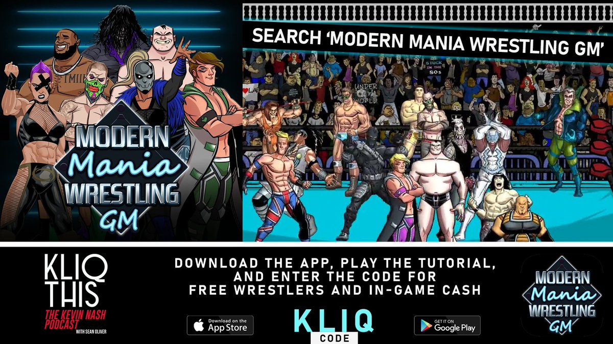 Are you looking for THE pro wrestling GM game? Download @ModernManiaGame NOW and use promo code KLIQ to get free wrestlers and free in-game cash! @KayfabeSean @RealKevinNash