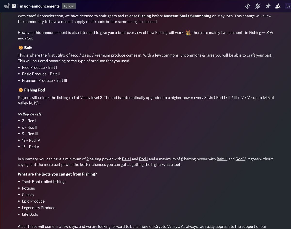 New @CryptoValleys announcement hit 👨‍🌾

Fishing is being released on May 16th 🎣

Different tiers of produce = different tiers of bait 

Need a level 3 valley to start fishing
- levels 6/9/12/15 get upgraded rods

rewards are:
- potions
- chests
- epic + legendary produce
- Life