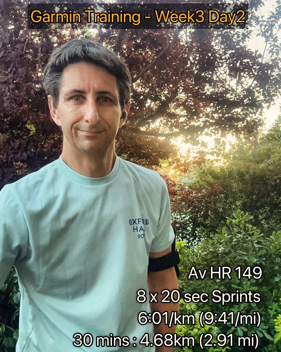 Garmin Trainer - Week 3  Day2- First @GarminUK Strides session! 10 min warm up, 8x {20 secs Sprint, 45 secs rest walk/jog) ,10 min cool down. 20 seconds sprint bursts felt quite manageable. I think my AJ’s Run Club (#ajsrunschool ) with their “1 min fast runs” prepared me. 😁