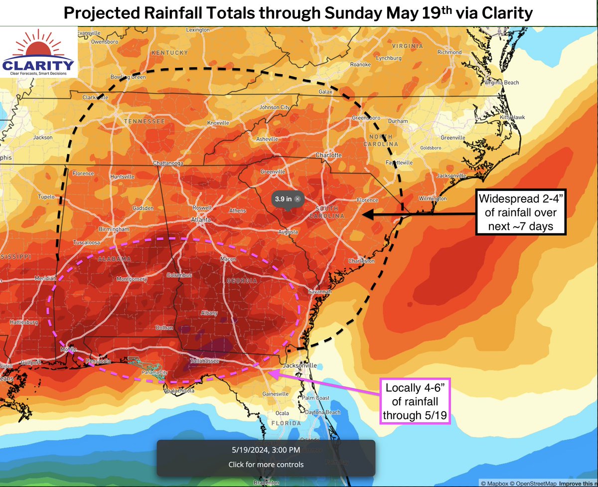 The start of May has been wet across the SE US 💦 How wet? 🧐 Through May 11th, 2024 ranks TOP 5 all time in wettest starts across portions of Tennessee, Georgia, and the Carolinas 👀 The next week will continue to be wet, with widespread 2-4” and locally higher 😳 Hard to
