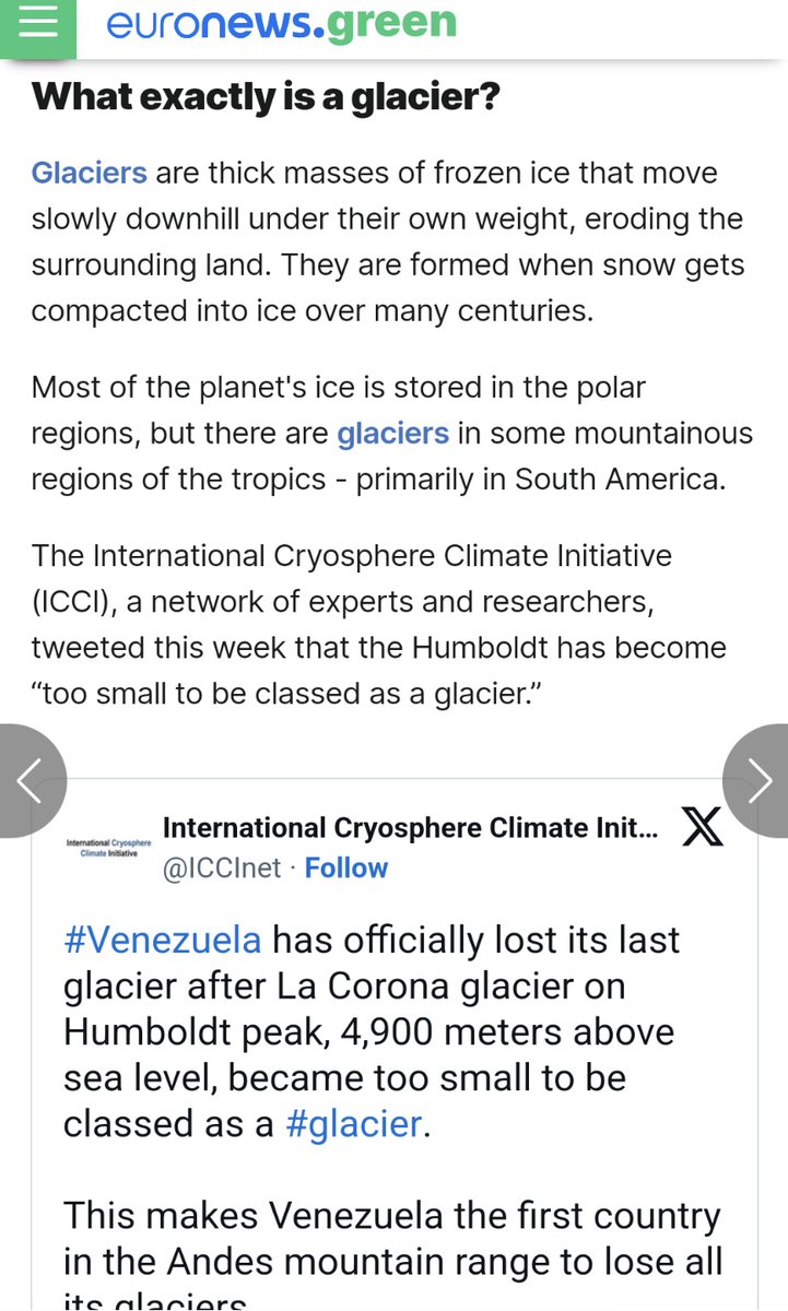 ♻️ #Venezuela has #become 1st in #modernhistory 2 #lose all 
#glaciers🛤️

#Humboldt #LaCorona #lastremaining #glacier #climatescience #icefield #Cryosphere #ClimateInitiative #ICCI 
#GlobalWarming #lowlands #higherelevation #StreetTreck🛤️ 
euronews.com/green/2024/05/…